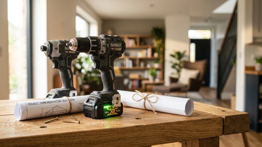 מברגות נטענות של מותג DeWalt מונחות על שולחן עץ לצד שרטוטי אדריכלות מגולגלים לשיפוץ הבית וברגים.