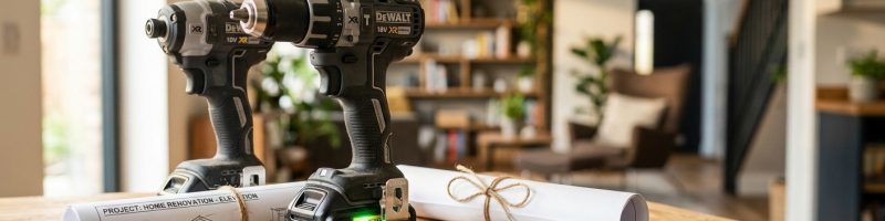 מברגות נטענות של מותג DeWalt מונחות על שולחן עץ לצד שרטוטי אדריכלות מגולגלים לשיפוץ הבית וברגים.